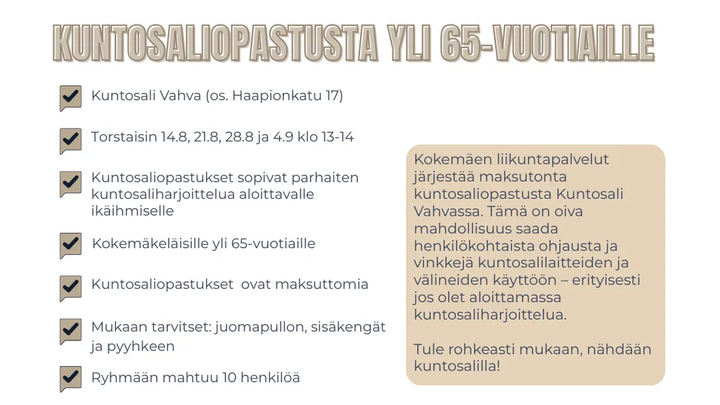 Kuntosaliopastusta yli 65-vuotiaille